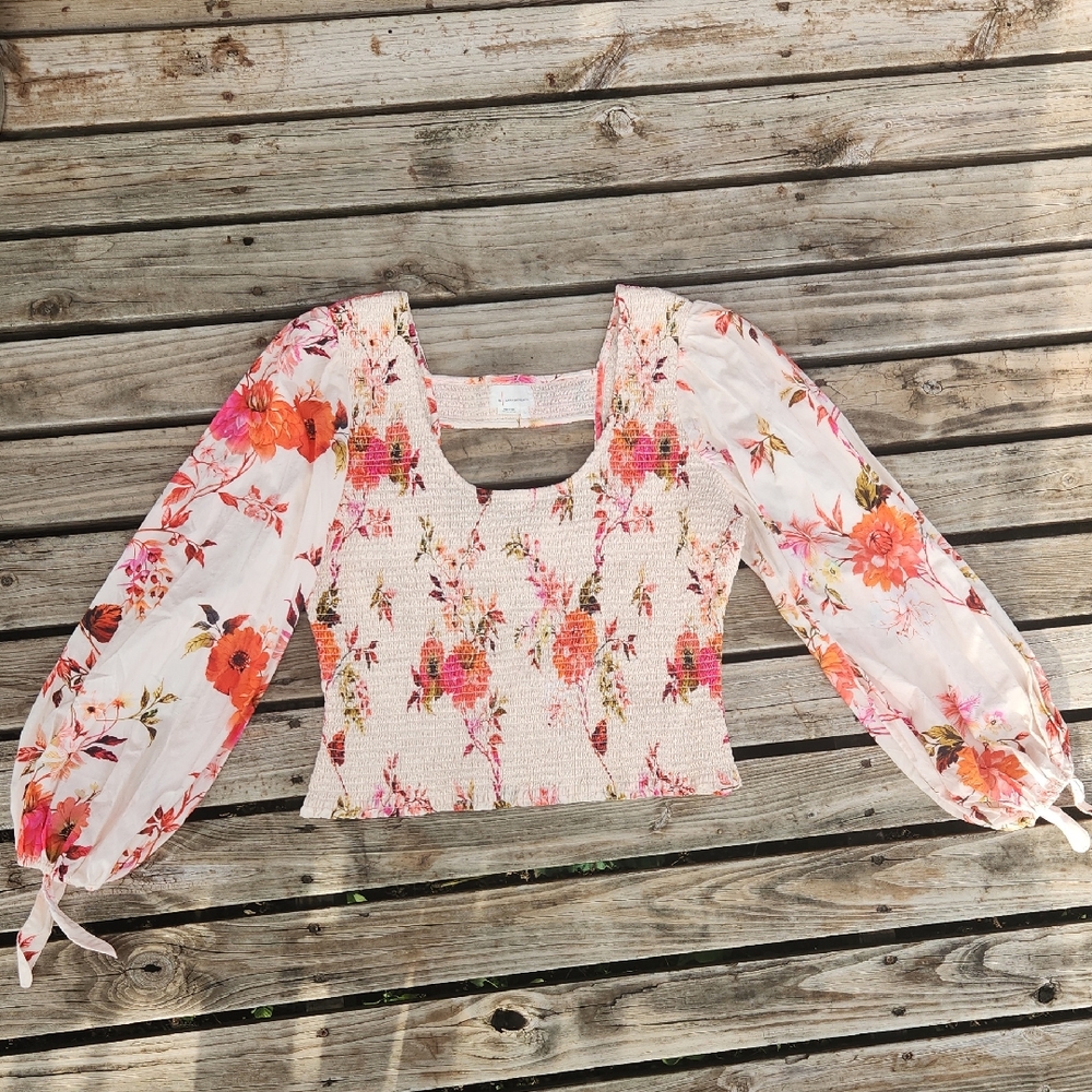 Anthropologie Floral Pink Tie Sleeve Cotton Spring Elastic Top Large Smocked